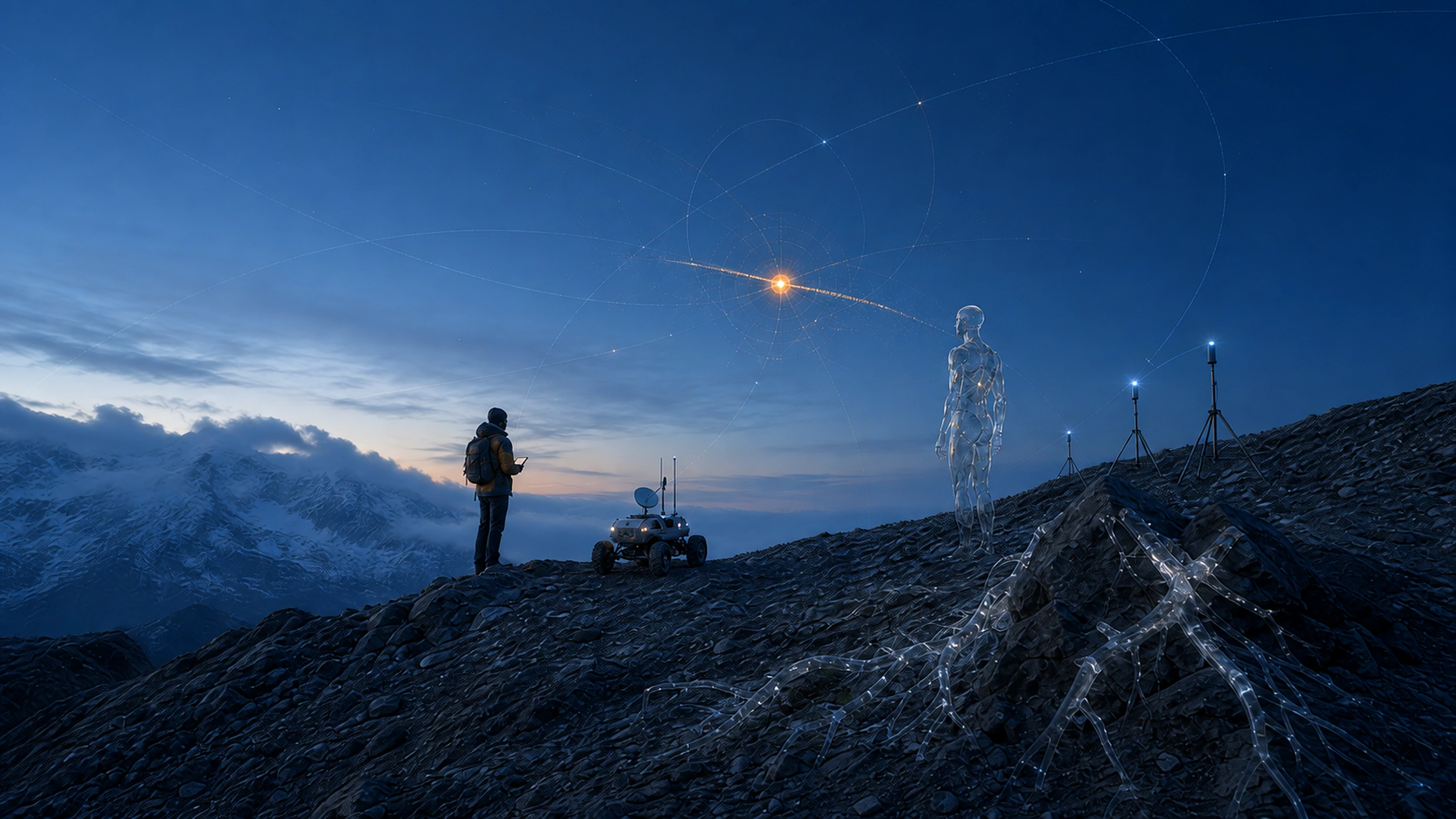Distinct human, artificial, instrumental and living forms sharing one alpine field