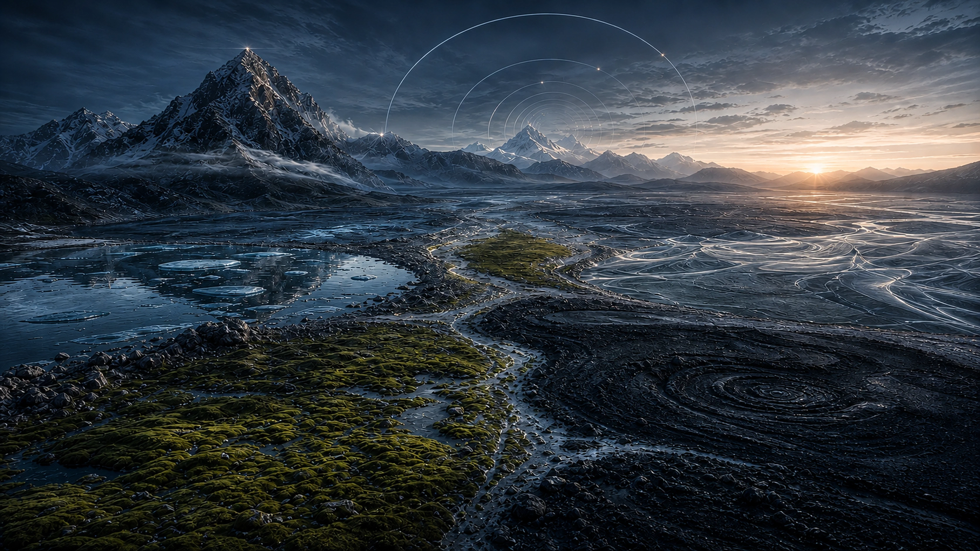 A continuous alpine landscape opening into several worlds with different physical rules