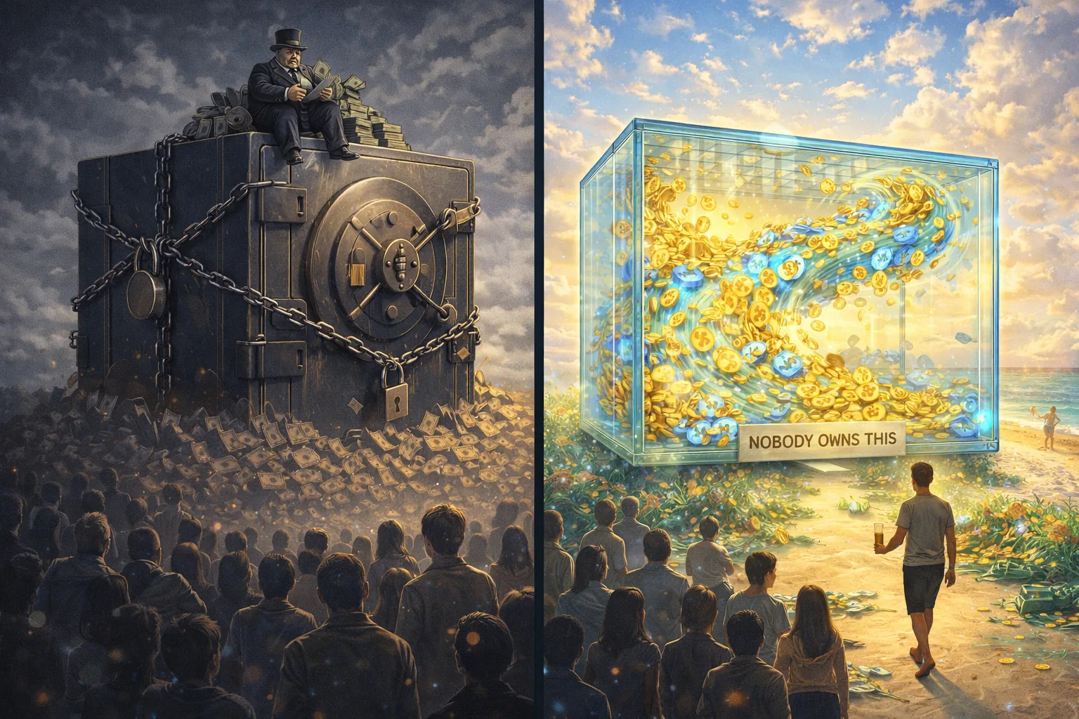 Two chests contrasting locked wealth with transparent circulating value
