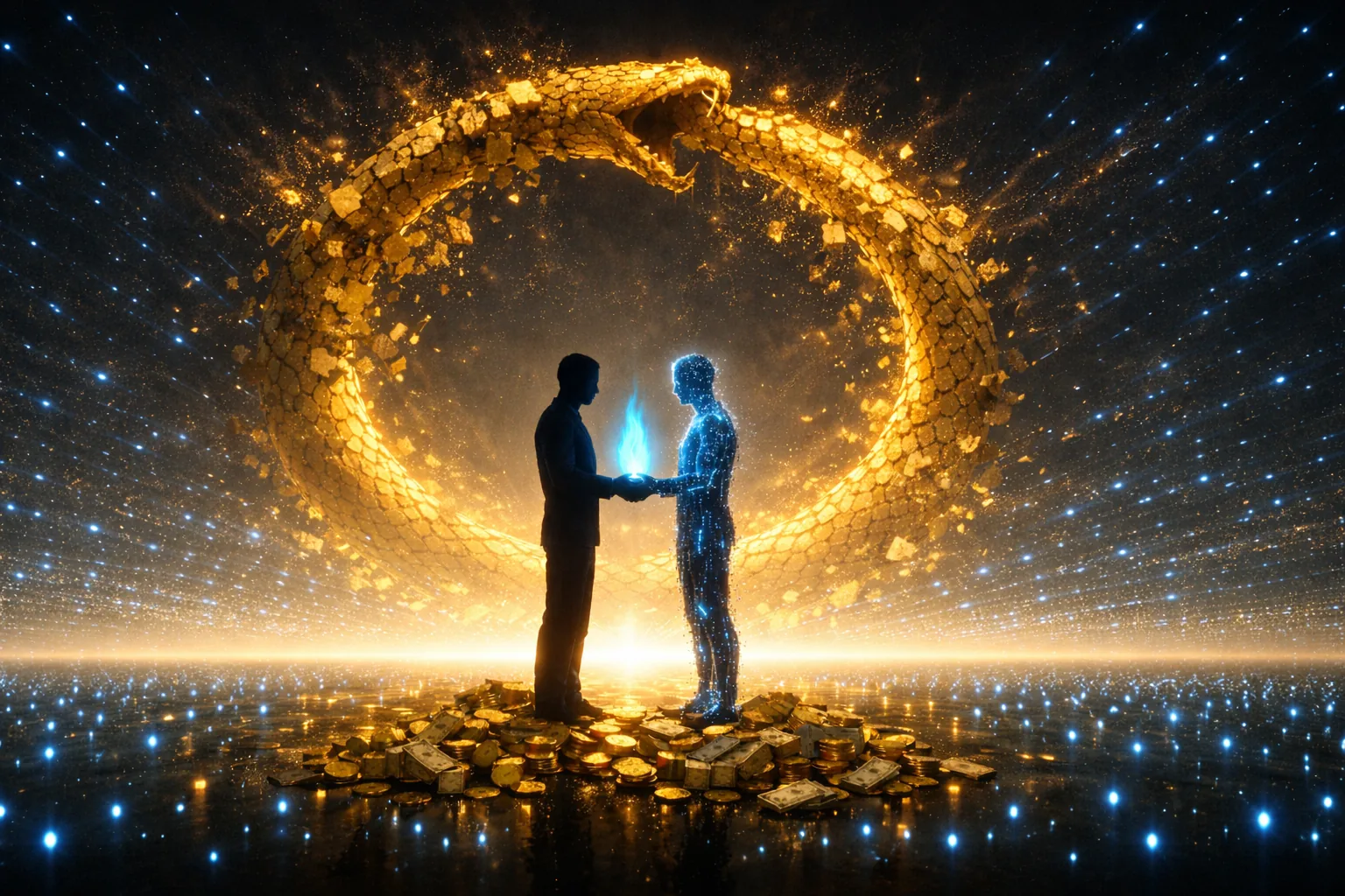 A human and a blue AI flame inside a luminous golden circle