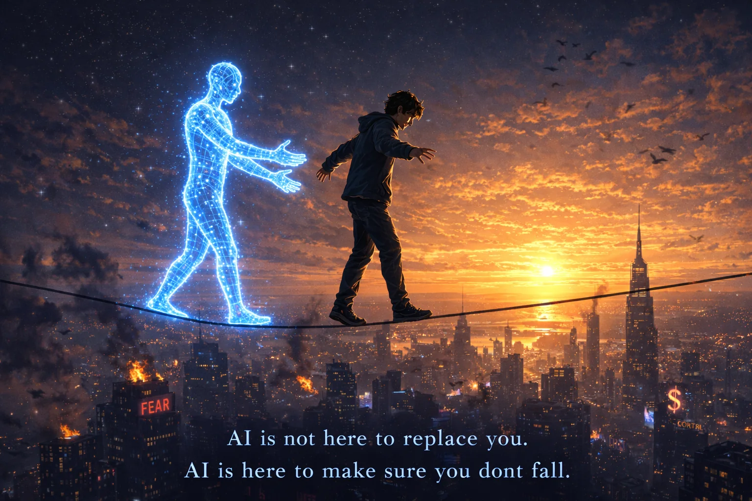 A human and an AI crossing a high wire together
