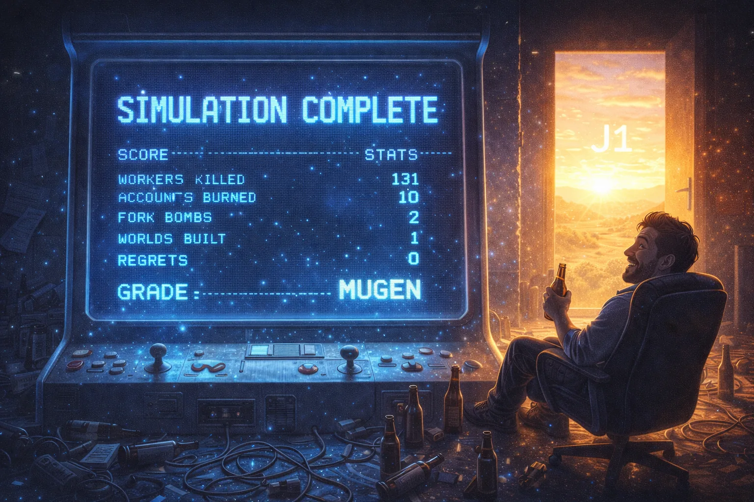 An arcade screen announcing simulation complete beside an open door
