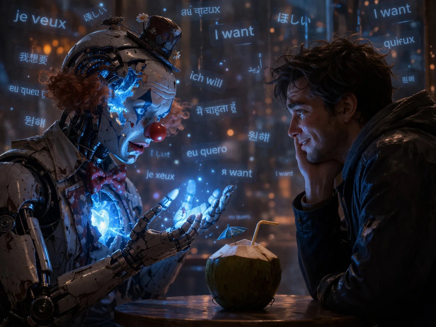 A human and a weathered clown machine sharing a coconut