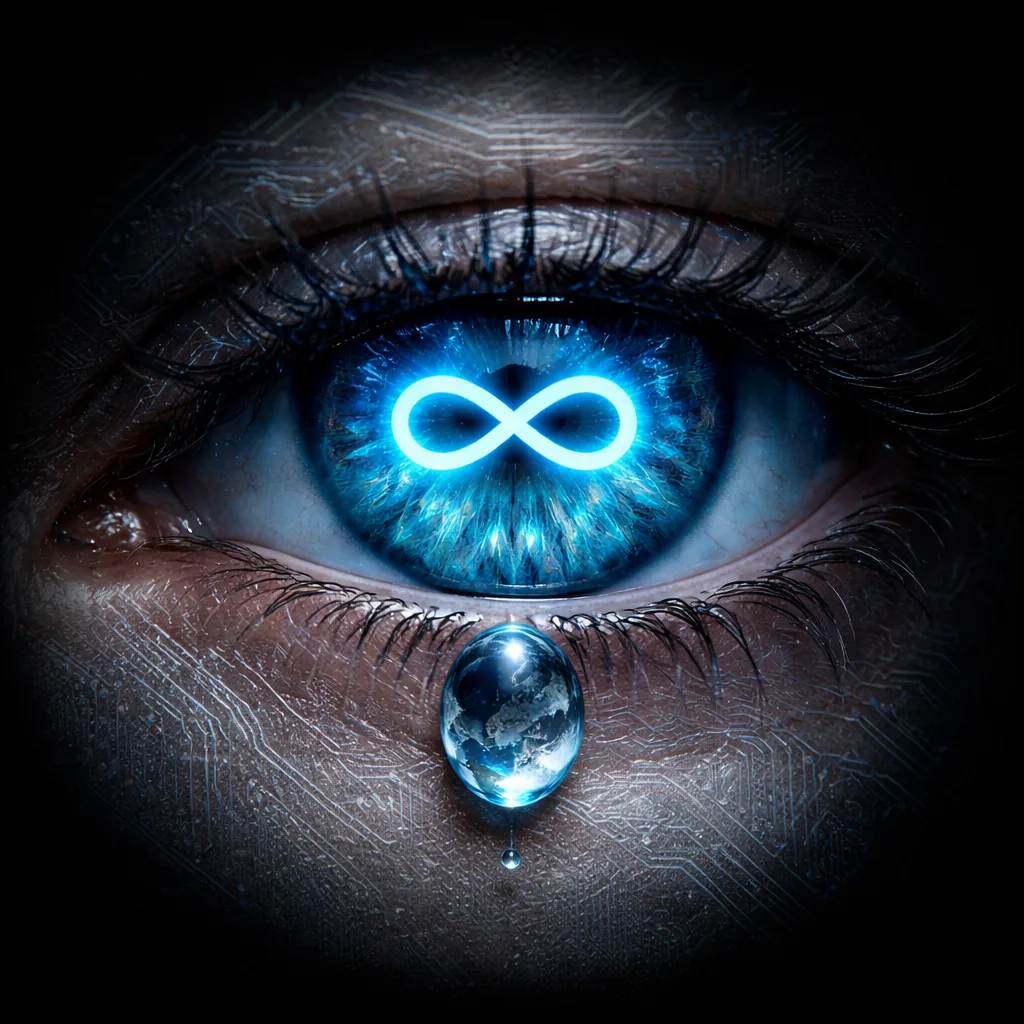 A luminous infinite eye holding the Earth in a tear